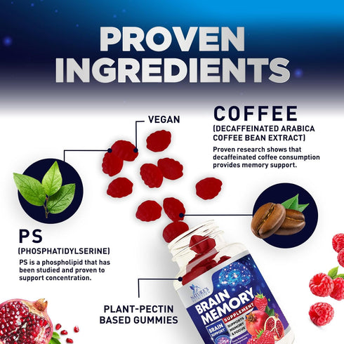 Brain Supplement Gummies for Concentration Memory & Focus Support - Brain Clarity Health with B6 B12, Phosphatidylserine, Coffee Extract, Nootropi...