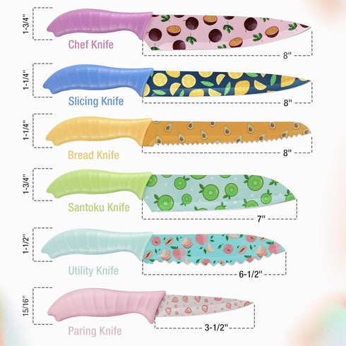 HAUSHOF Kitchen Knife Set, 12-Piece Colorful Knives Set with 6 Sheaths, Non-Stick Coated Stainless Steel Fruit Pattern Blades for Slicing, Dicing&...