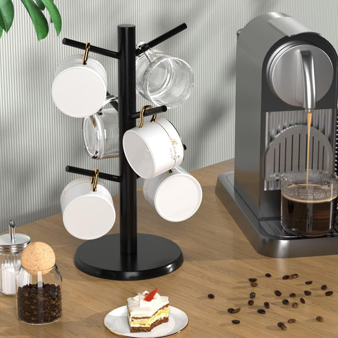 Wisuce Black Coffee Mug Tree, Updated Thick Bamboo Mug Holder Base,Coffee Cup Stand Mug Holders with 8 Hooks for Countertop Coffee Mug Rack Organi...