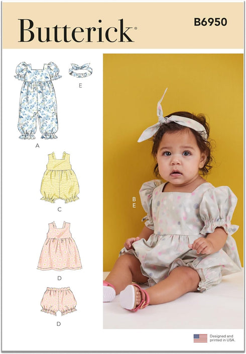 Butterick Babies' Headband, Bloomers, Rompers, and Dress Sewing Pattern Kit, Design Code B6950, Sizes XS-S-M-L, Multicolor...