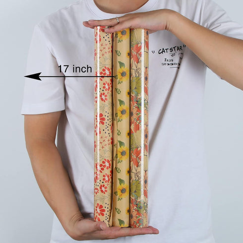 Aimyoo Kraft Floral Wrapping Paper Bundle, Vintage Spring Flowers Rose Gift Wrap Paper for Wedding Bridal Shower Birthday, 3 Rolls 17 in x 10 ft p...
