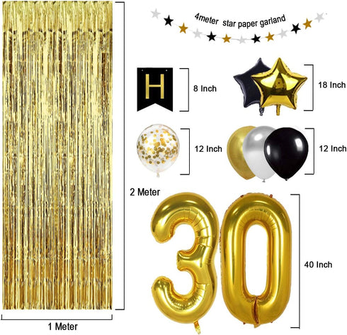 Black and Gold 30th Birthday Decorations Banner Balloon, Number Foil 30 Balloon, 30 Years Old Birthday Decoration Supplies...