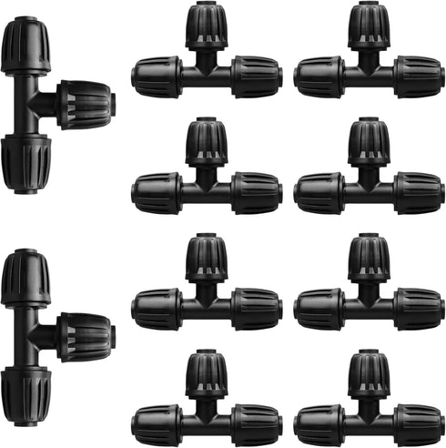 Drip Irrigation Fittings for 1/2 Inch Tubing (0.60"-0.63" OD), 10 Pieces Barbed Tee Drip Parts Locked Tee Connectors, 3 Way Drip Line Nuts Connect...