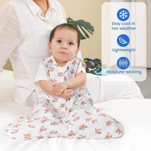 PHF 100% Muslin Cotton Baby Sleep Sacks, 0-6 Months Sleep Sack with 2-Way Zipper, 2 Pack Cooling 0.5 TOG Breathable Small Size Sleeveless Baby Wea...