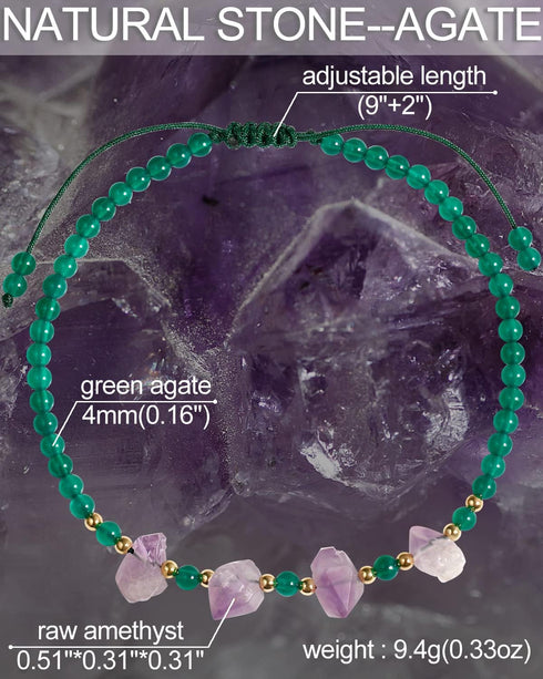 Green Agate and Raw Amethyst Crystals Ankle Bracelets for Women Reiki Natural Gemstones Handmade Adjustable Anklet February Birthstone Gifts...