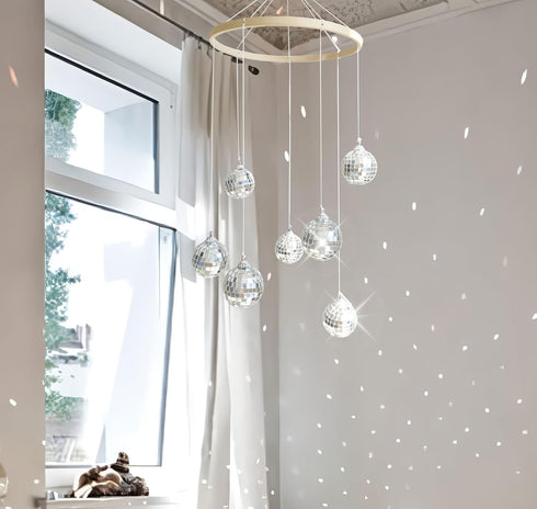 Dazzling Disco Ball Mobile, Spiral Spinner Ball, 7.8 Inch Nature Bamboo Circle, Indoor Outdoor Yard Garden Patio Home Decoration for Party Activit...