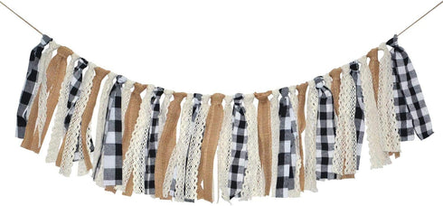 Buffalo Check Plaid Banner Black and White Gingham Spring Summer Fall Winter Easter Christmas Mantle Fireplace Garland Decoration...