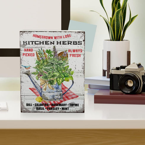 Farmhouse Herb Wooden Box Sign Retro Kitchen Herbs Wood Block Tabletop Sign Decorative Desk Sign Home Kitchen Shelf Decor 5.8 X 7.8 Inches...