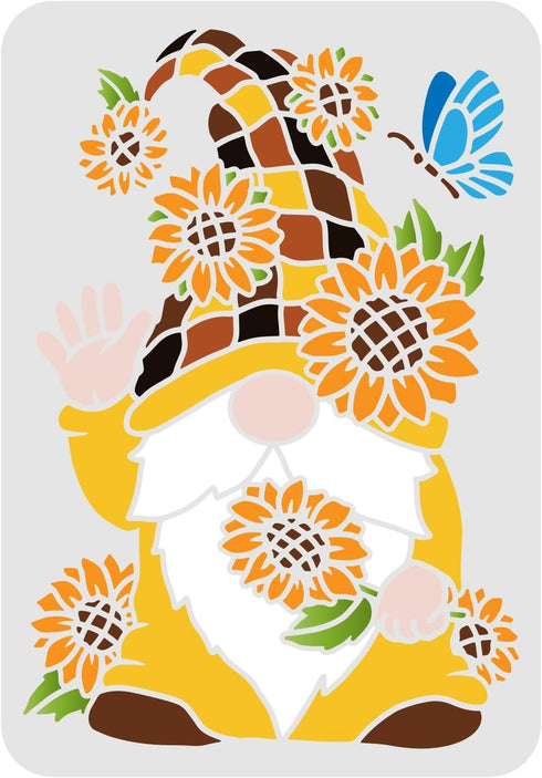 FINGERINSPIRE Sunflower Gnomes Stencils 11.7x8.3inch Seasonal Gnomes Stencils Sunflower Sunshine Patterns Template Seasonal Holiday Gnomes Stencil...