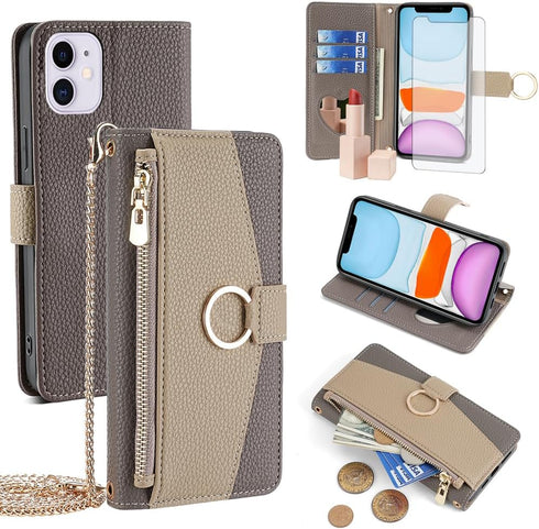 Asuwish Phone Case for iPhone 11 6.1 Wallet Cover with Screen Protector and Mirror Flip Cover Ring Card Holder Crossbody Strap Stand Cell iphone11...