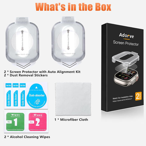 Adorve 2 Pack Screen Protector for Apple Watch Ultra 2 / Ultra 49mm, 9H Tempered Glass Film with Auto-alignment Installation Kit for iWatch Ultra,...