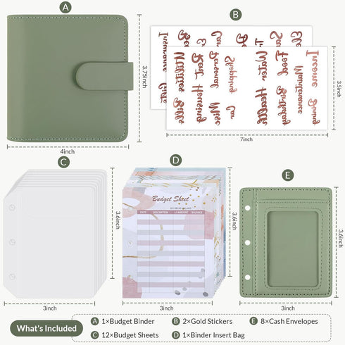 A8 Money Saving Binder, Mini Budget Binder Wallet with 8 Cash Envelopes & 12 Budget Sheets, PU Savings Binder with 2 Gold Stickers for Budgeting a...