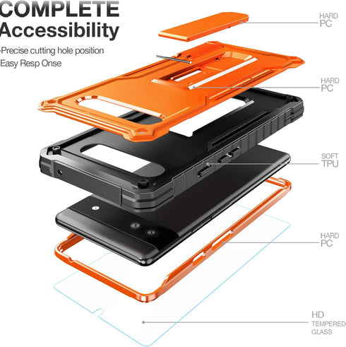 FITO for Google Pixel 6A Case, Dual Layer Shockproof Heavy Duty Case with Tempered Glass Screen Protector Built-in Kickstand (Orange)...
