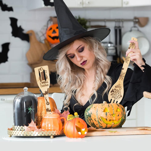 Eartim Hocus Pocus Wooden Cooking Utensil Set - 5Pcs Halloween Kitchen Cooking Gadget Natural Carve Bamboo Spoon Slotted Spatula Non-Stick Cookwar...