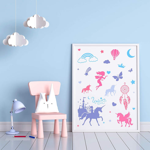 9 Pieces Unicorn Stencils Painting Templates Craft for Arts Card Making Journal Scrapbooking DIY Furniture Wall Floor Painting on Wood Fabric (12 ...