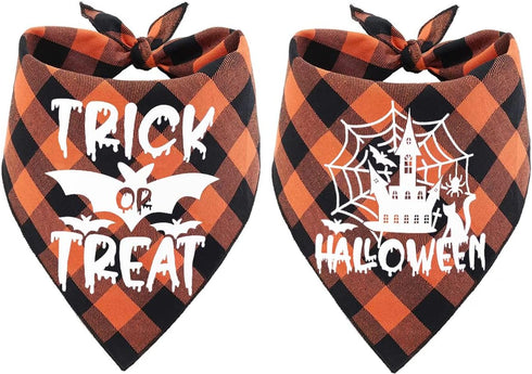 Glow in The Dark Halloween Dog Bandana Scarf, 2 Pack Holiday Fall Dog Bandanas Plaid Triangle Reversible Scarves Bibs for Small Medium Large Dogs ...