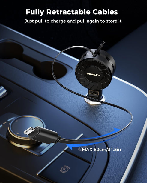 ?2024 Newest? SUPERONE Retractable Car Charger, 3 in 1 Small Fast Car Phone Charger, Retractable Cables for iPhone & Type-C, Compatible with iPhon...