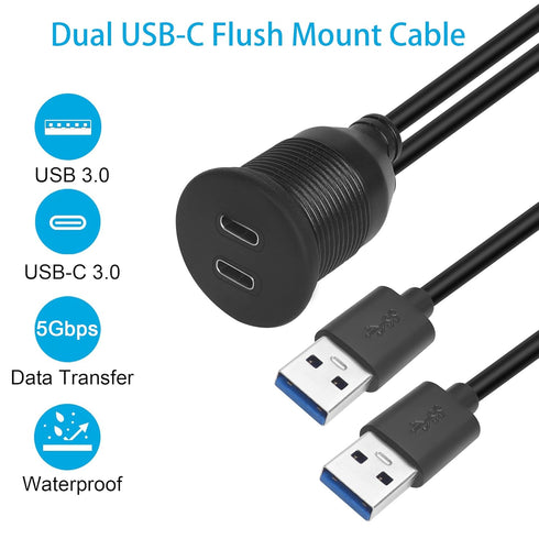 QIANRENON Dual USB C to USB 3.0 Threaded Flush Mount Waterproof Cable Adapter, 2 USB 3.0 Male to 2 USB C Female Panel Mount Extension Cable, for C...