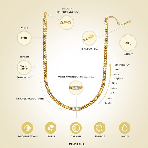 Womens 18K Real Gold Plated Dainty Necklace Choker With Mother-of-Pearl Shell, 6mm 316L Stainless Steel Diamond-Cut Curb Cuban Link Chain(6mm,16in...
