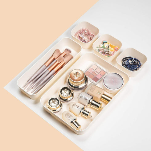 Backerysupply Set Of 12 Beige Color Plastic Desk Drawer Organizers For Makeup Bathroom Office Kitchen Vanity Drawer Storage Box Container...