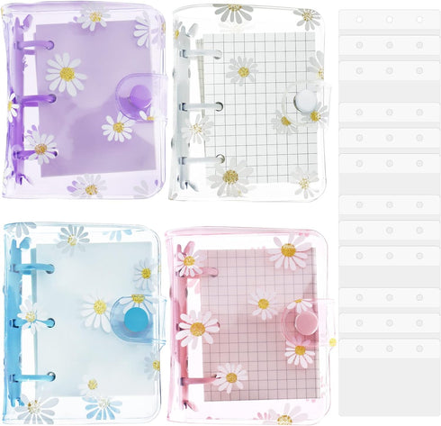 4 Sets Mini Transparent 3 Ring Binder Covers with Daisy Pattern Binder Inner Paper and Pockets Clear Soft PVC Notebook Loose Leaf Binder with Snap...