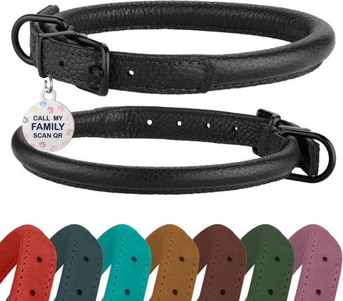 Rolled Leather Dog Collar Soft Round Collars, ID Tag for Small Medium Large Dogs (14-17 inch, Black Midnight & Black Buckle)...