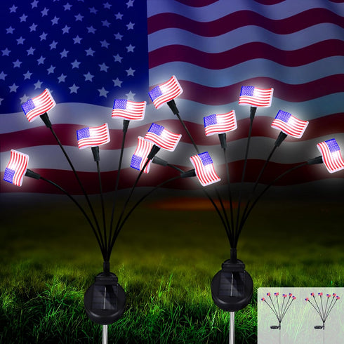 Heceltt 2 Pack Solar 4th of July Decorations Outdoor Garden Lights, 12 LED American Flags Waterproof for Independence Day Memorial Day Patriotic D...