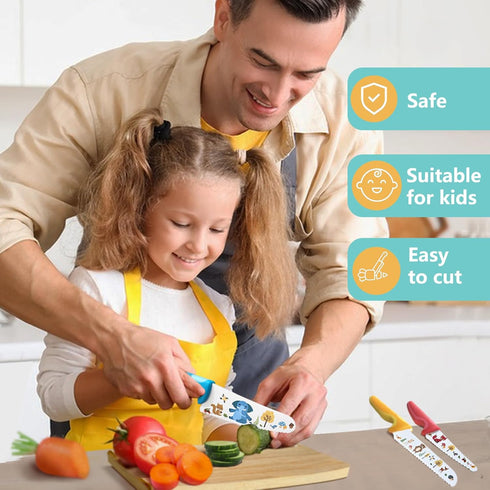 Kids Knife Set for Real Cooking, 4pcs Kids Safe Kitchen Cutting Knives, Stainless Steel Blades, Children First Starter knife, BPA-free (Multicolor...