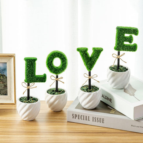 MyGift Decorative L-O-V-E Letter Shaped Small Faux Topiary Trees in White Ceramic Pots, Indoor Artificial Plants Sculpted Love Hedge Gift for Mom,...