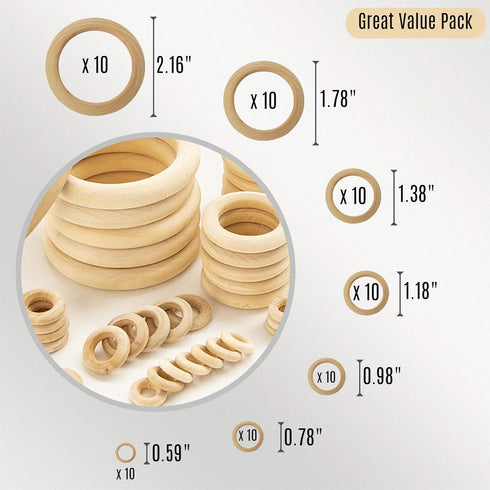 NNHOM 70 Pieces Wooden Rings for Macrame,Wood Rings for Crafts,7 Sizes Macrame Rings Wood Circles for DIY Craft, Ring Pendant and Connectors Jewel...