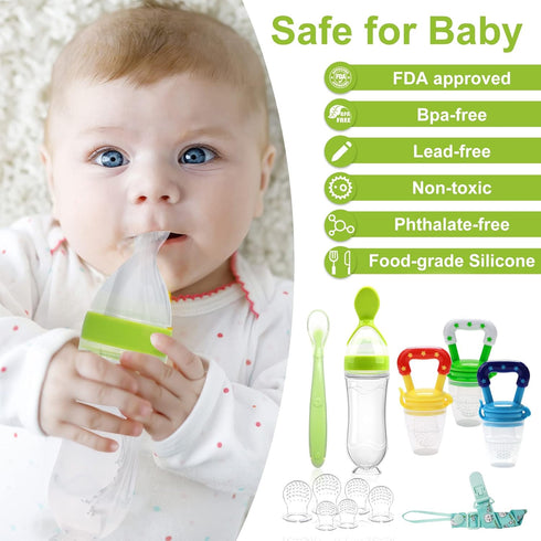 Food Feeder for Baby, Fruit Feeder Pacifier (3 Pcs) with 6 Different Sized Silicone Pacifiers 1 PCS Silicone Baby Food Dispensing Spoon 90ML with ...
