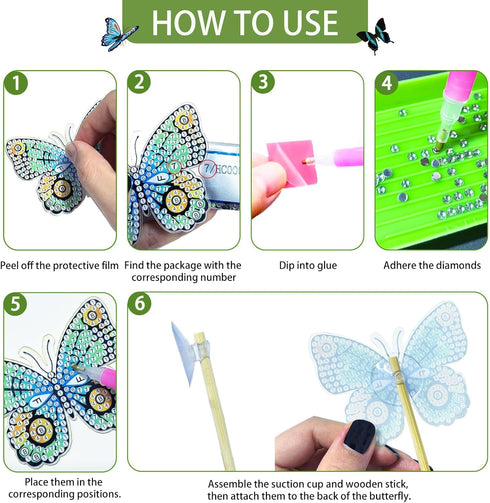 8 Pcs Diamond Art Kit for Adults, Butterfly Diamond Art Painting Garden Stakes, Small Art and Craft for Girls Women, Summer Garden Decor for Plant...