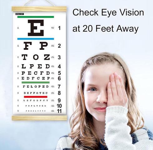 Eye Chart, Snellen Eye Chart for Eye Exams 20 Feet with Wood Frame 11x22 Inches, Canvas Low Vision Eye Test Wall Chart with Eye Occluder Hand Poin...