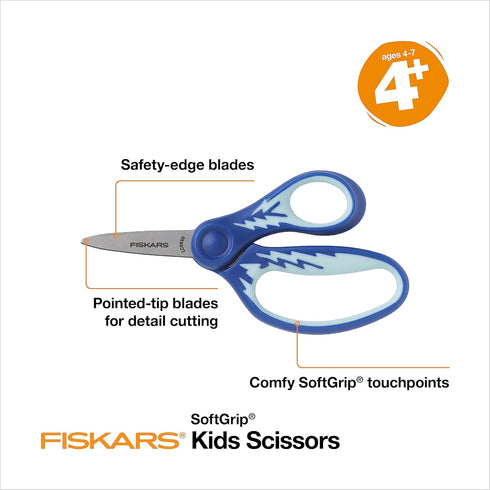 Fiskars 5" SoftGrip Pointed-Tip Scissors for Kids Ages 4-7 - Scissors for School or Crafting - Back to School Supplies - Blue Lightning...