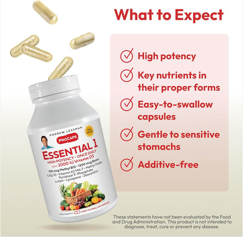 ANDREW LESSMAN Essential-1 Multivitamin 2000 IU Vitamin D3 30 Small Capsules - 100 mcg Methyl B12. CoQ10 Lutein Lycopene Zeaxanthin. High Potency....