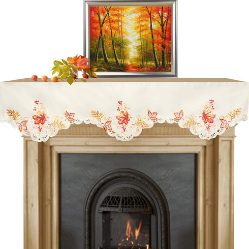 Embroidered Maple Leaves Mantel Top Runner Scarf for Thanksgiving and Fall (70 x 17 Inches)...