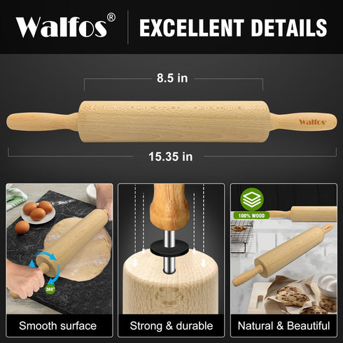 Walfos Classic Wooden Rolling Pin for Baking, Natural Beech Wood Rolling Pins, Dough Roller for Pizza, Pie, Pasta, Bread, Pastry, No Coating...