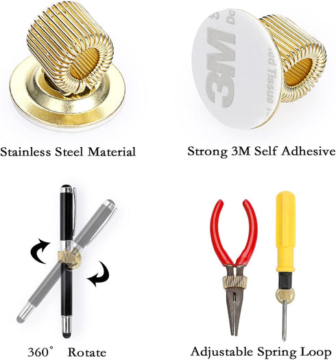 BTSKY 12PCS Stainless Steel Pen Holder Clips- Self Adhesive Pen Pencil Holder Pen Clip Holder with Adjustable Spring Loop Fit any Size Pens Marker...