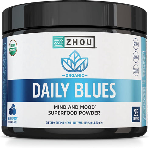 Zhou Nutrition USDA Organic Blue Spirulina Powder with KSM-66 Ashwagandha and Blueberry, Organic Superfood Powder, Antioxidants, Fiber, Mental Ene...