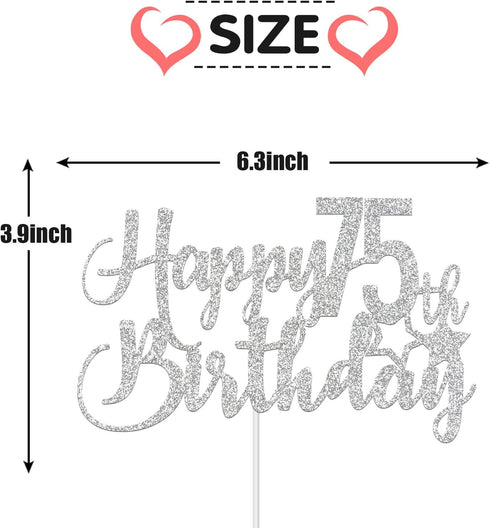 Silver Glitter Happy 75th Birthday Cake Topper - 75th Birthday Cake Topper, 75th Birthday Party Decoration...