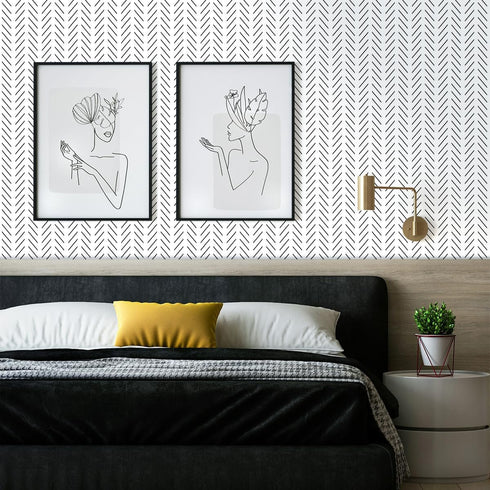 Erfoni Black and White Peel and Stick Wallpaper Modern Herringbone Contact Paper Bathroom 17.7inch x 78.7inch Geometric Removable Wall Paper Peel ...