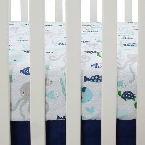 Lambs & Ivy Oceania 100% Cotton Fitted Crib Sheet - White with Blue Nautical/Aquatic Fish and Octopus...