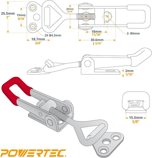 POWERTEC 4PK Toggle Clamp, 220 lbs Holding Capacity, 4001 Adjustable Pull Action Latch for Smoker, Tool Box, Woodworking Jigs and Fixtures, Cabine...