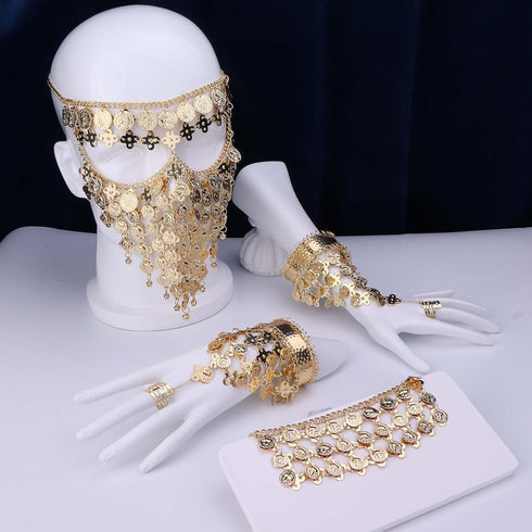 Sanfenly Belly Dance Jewelry Set for Women Cosplay Gold/Silver Coins Veil Triangle Bracelets with Ring and Coin Anklet Halloween Carnival Dance Pl...