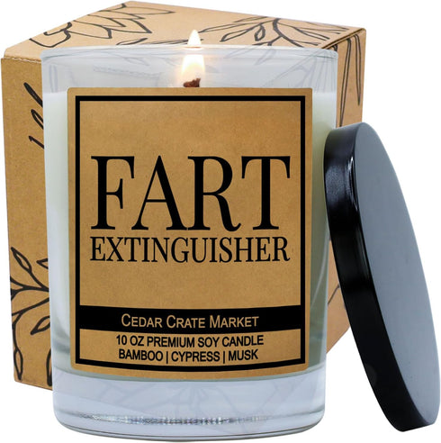 Cedar Crate Market Fart Extinguisher, Kraft Label Scented Soy Candle, Funny and Sassy Decorative Candles, Bamboo, Cypress, Musk, 10 Oz. Glass Jar ...