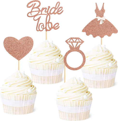 Ercadio 36 Pack Bride to Be Cupcake Toppers Rose Gold Glitter Dress Heart Ring Cupcake Picks Wedding Bachelorette Bridal Shower Party Cake Decorat...