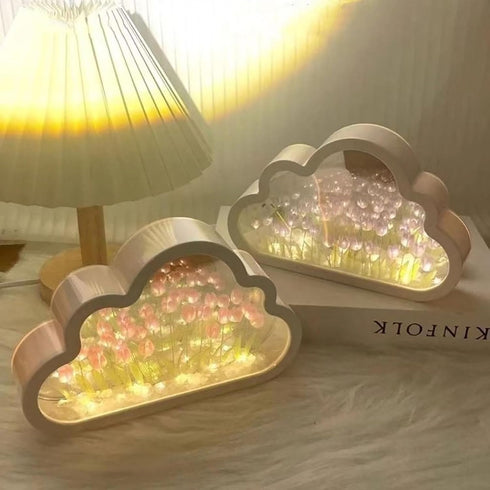 DIY Cloud Mirror Tulip Lamp, Cloud Mirror Tulip Lamp, Newest Bedroom Tulip Double Mirror Lamp, Artificial Flower Bedroom Sleep Table Lamp, Bedroom...