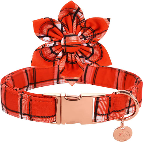 Dog Collar with Flower, Fall Orange Plaid Dog Collar Cute Pet Collar Adjustable Dog Collar for Small Medium Large Dog...