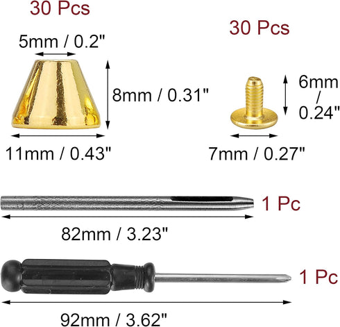 YORANYO 30 Sets 5/16" Height Spikes and Studs 8MM Handbag Feet Gold Color Barrel Spikes Screw Back Punk Studs and Spikes Kit for Clothing Shoes Le...