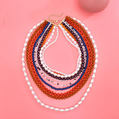 Multi-Layered Beaded Pearl Choker Necklace, Flapper Beads Cluster Long Choker Necklace, Multi-Strand Statement Necklace...